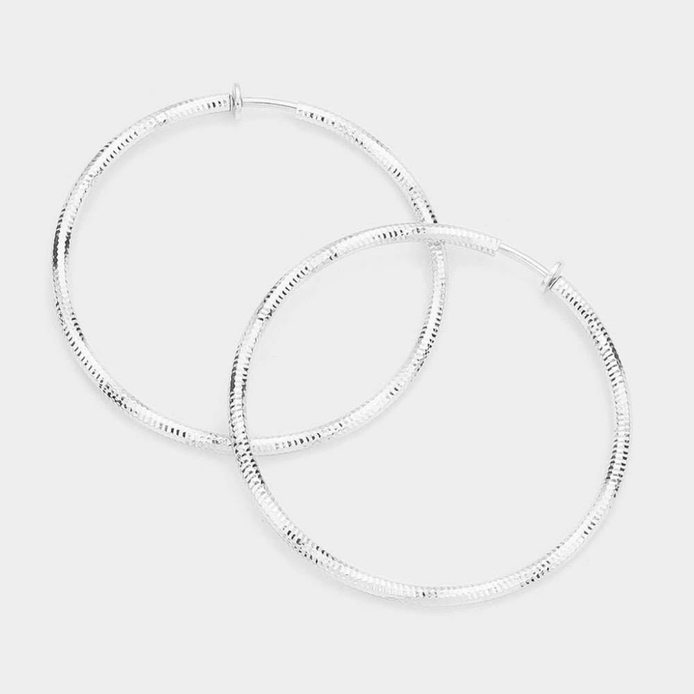 Silver Clip On Hoop Earrings 2.4 Inch Casual Simple Style Textured Jewelry
